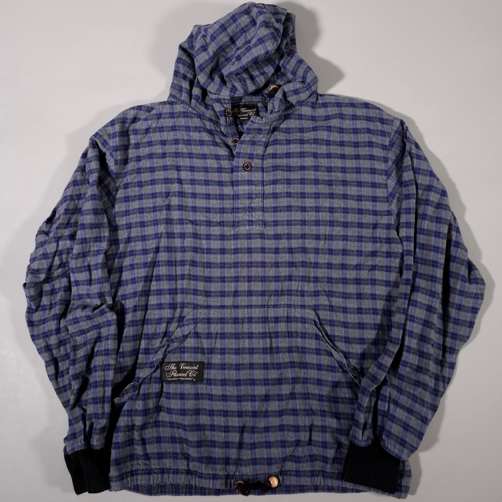 Vermont Flannel Co Hoodie Pullover Small Blue Grey Plaid Henley Kangaroo Pocket